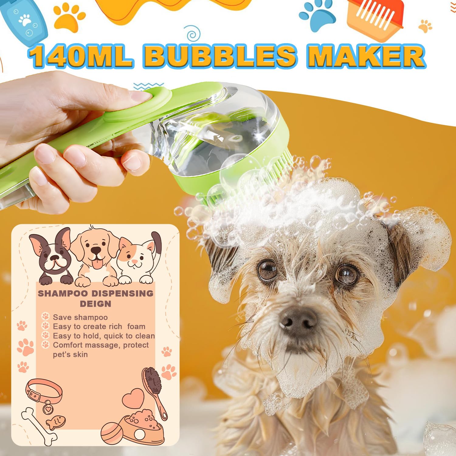 Peehss dog brush showing built-in shampoo dispenser for quick lather.