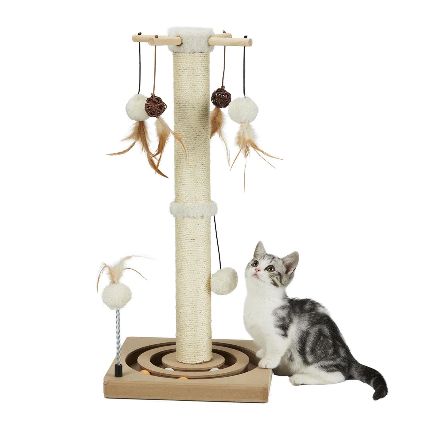 PEEKAB cat scratching post with tracking ball for engaging indoor play and paw exercise.