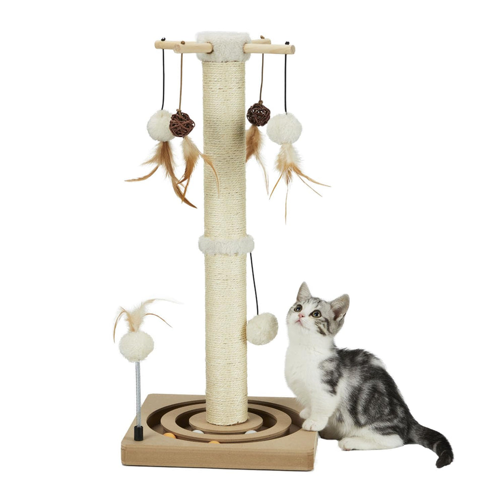 PEEKAB cat scratching post with tracking ball for engaging indoor play and paw exercise.