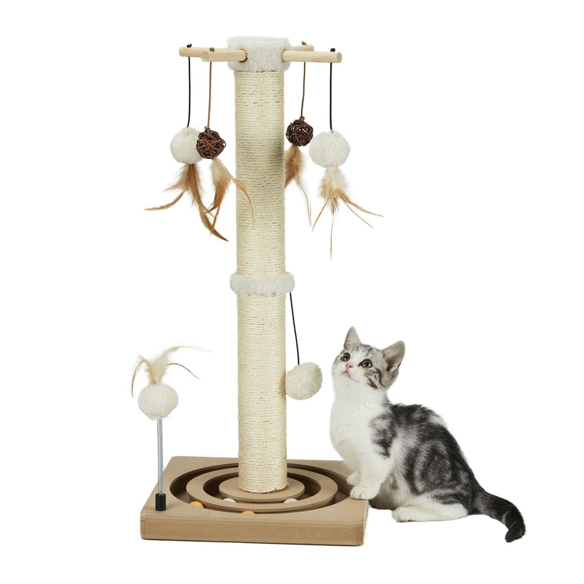 PEEKAB cat scratching post with tracking ball for engaging indoor play and paw exercise.