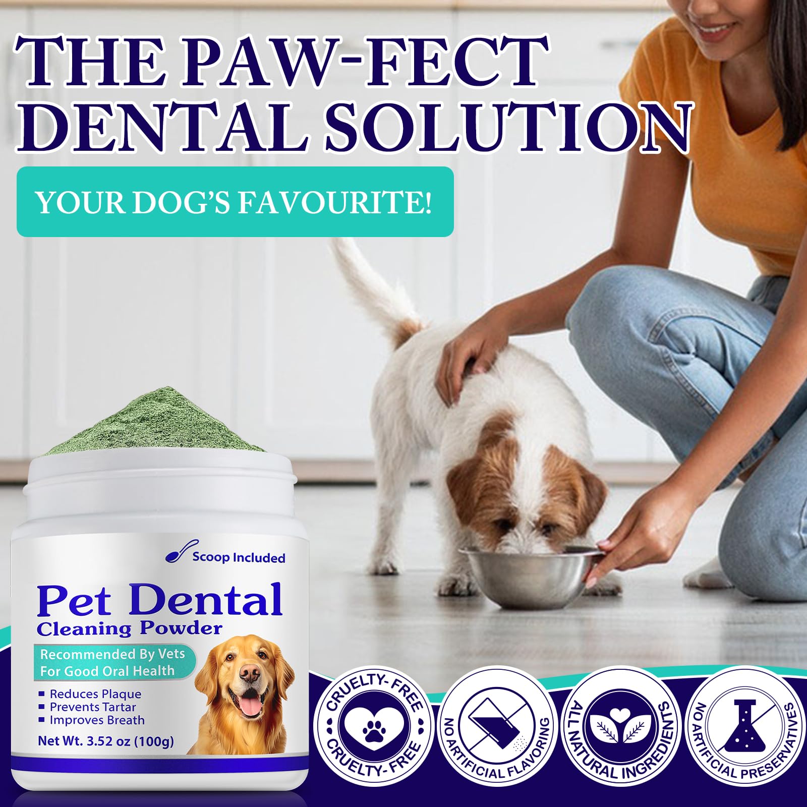 Peesnb dog dental powder shown beside a toothbrush-ready setup for easier cleaning.