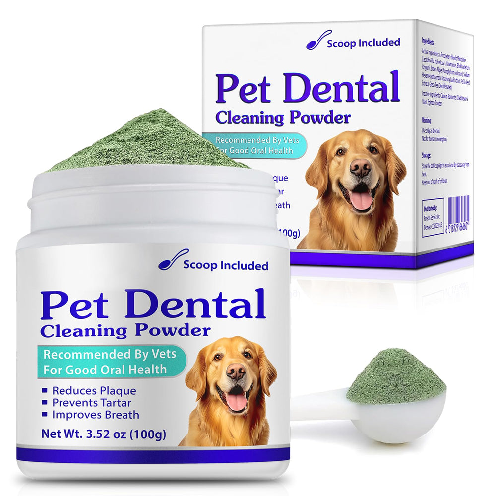 Peesnb dog teeth cleaning powder tub close-up promotes fresher breath.