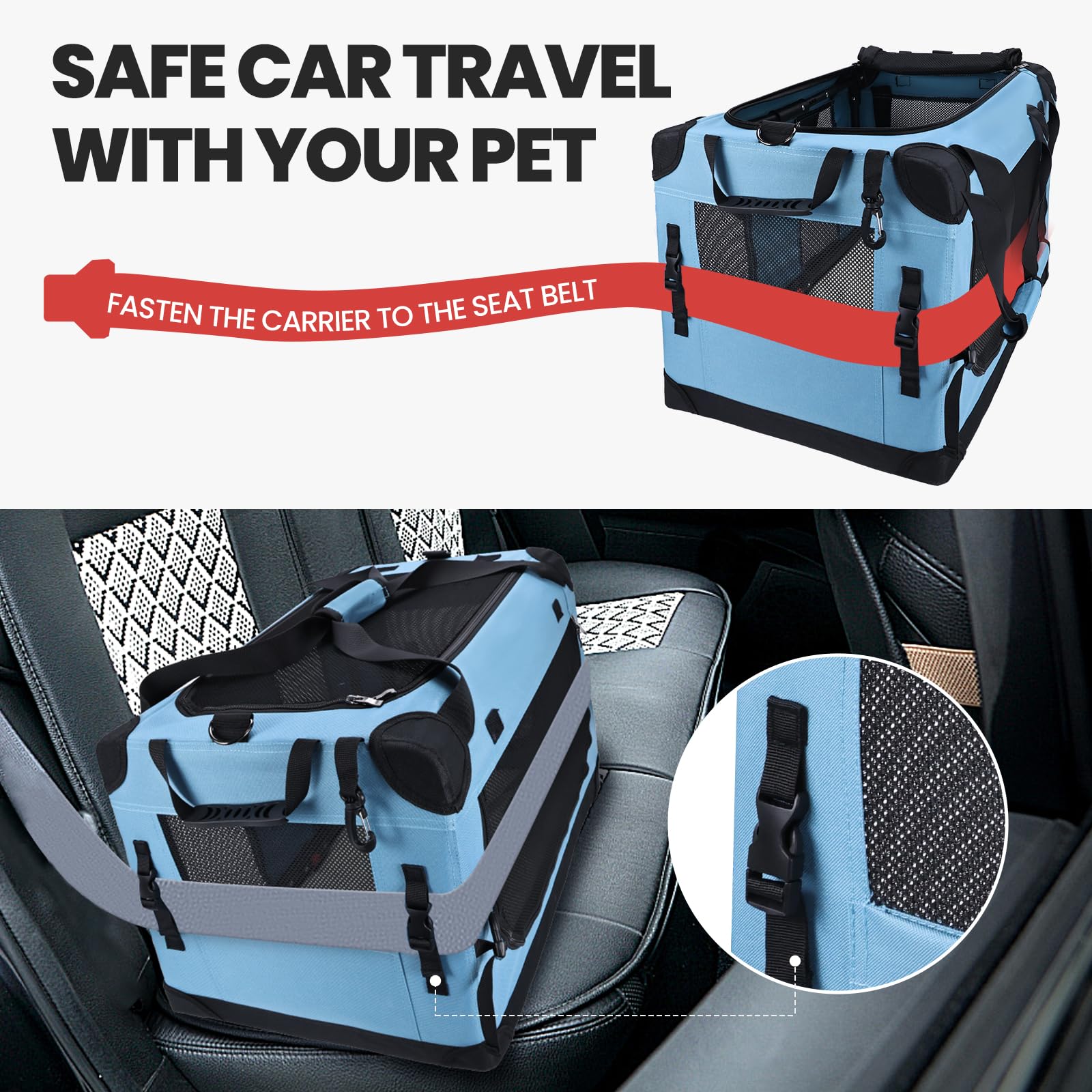 PEGIC large cat carrier teal seatbelt straps secure carrier during rides.
