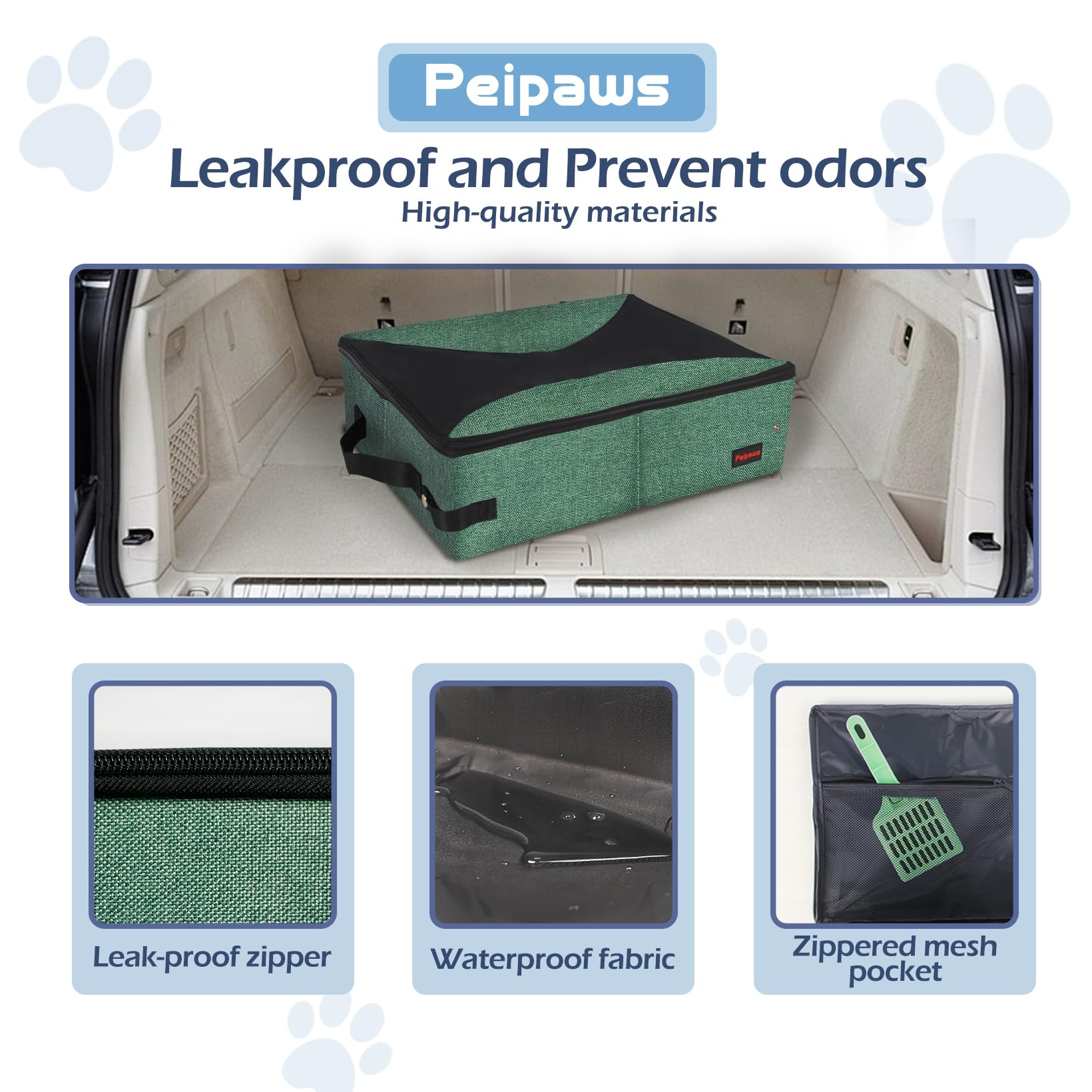 Peipaws collapsible litter box folds flat for easy camping setup.