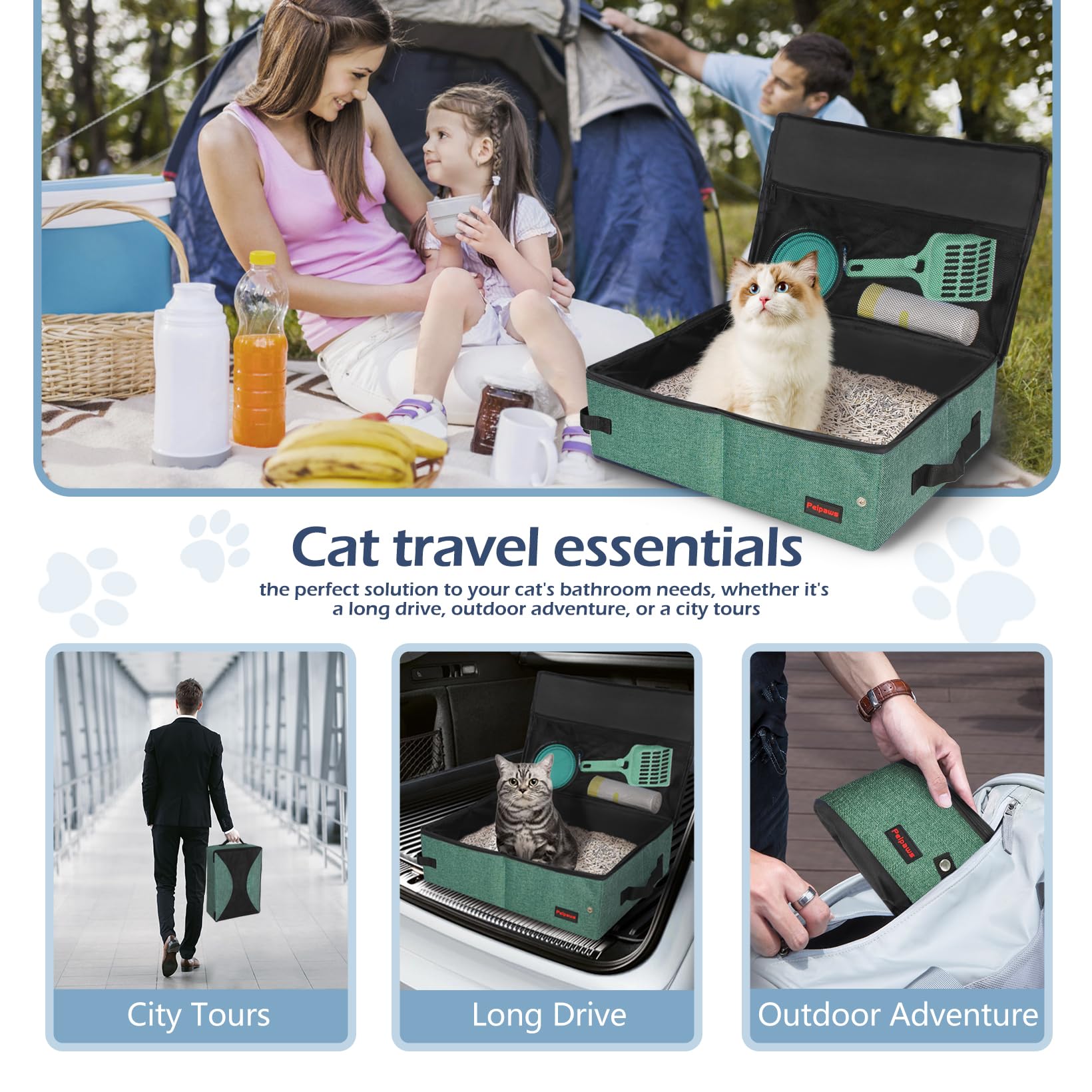 Peipaws litter box in use in car keeps litter contained on trips.