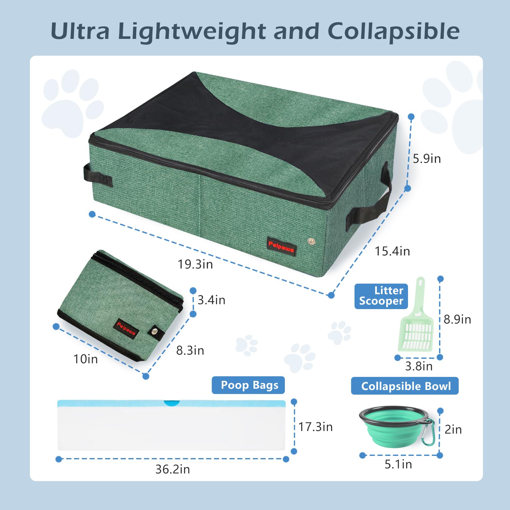Peipaws litter box travel folded for compact storage in backpack or suitcase.