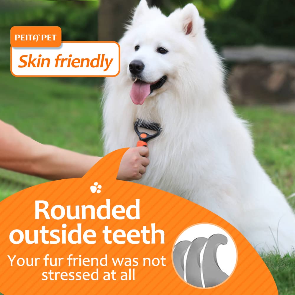 PEITA PET undercoat rake ergonomic grip offers comfortable control.
