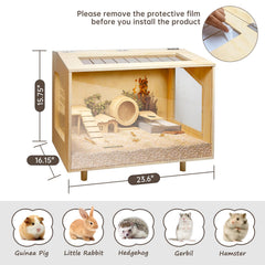 PEJOYT wooden hamster cage acrylic panel view for clear pet monitoring.