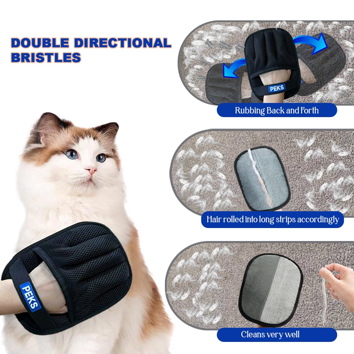 PEKS electrostatic gloves lift hair quickly across fabrics for quick cleanups