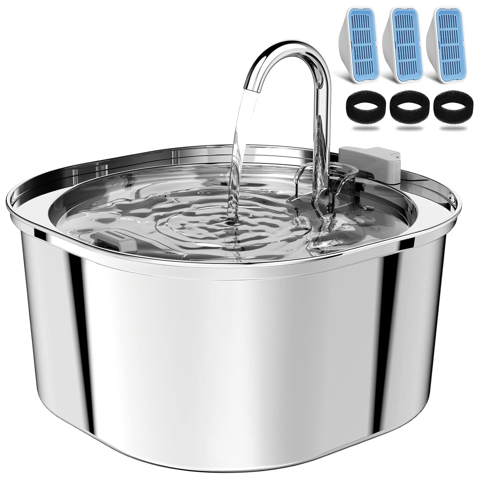 PEKTACO cat water fountain front view in stainless steel for durable hydration