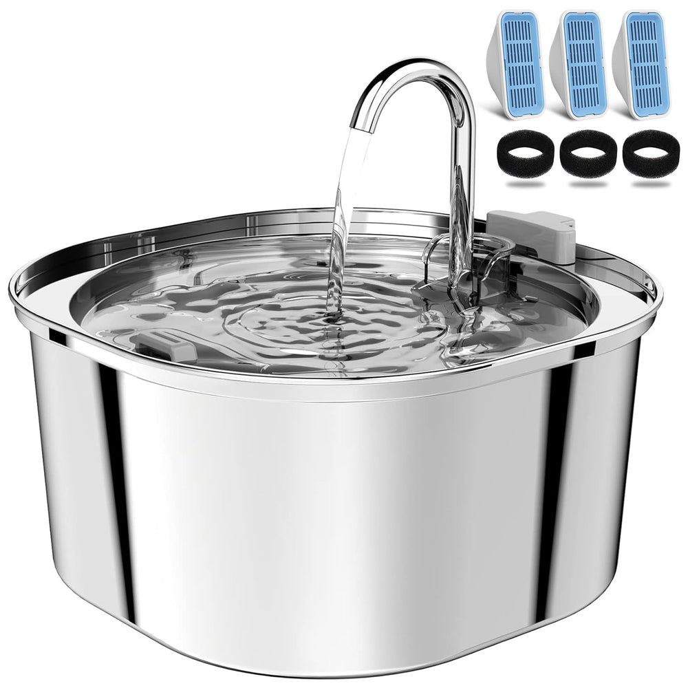 PEKTACO cat water fountain front view in stainless steel for durable hydration