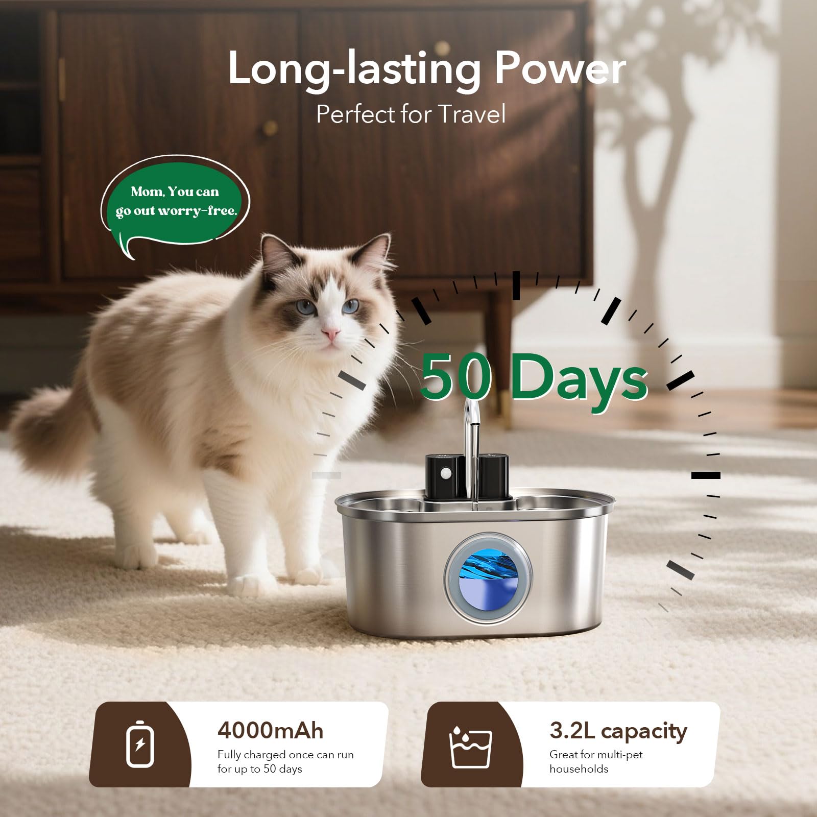 PEKTACO intelligent drinking modes adapting to pet behavior for fresh water flow.