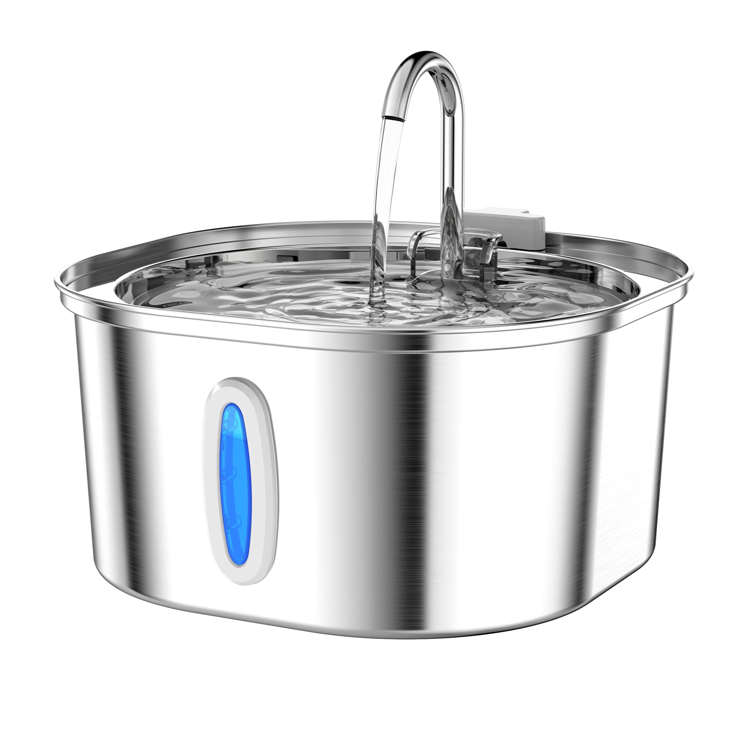 PEKTACO stainless steel cat fountain close-up showing flowing water to encourage fresh drinking.