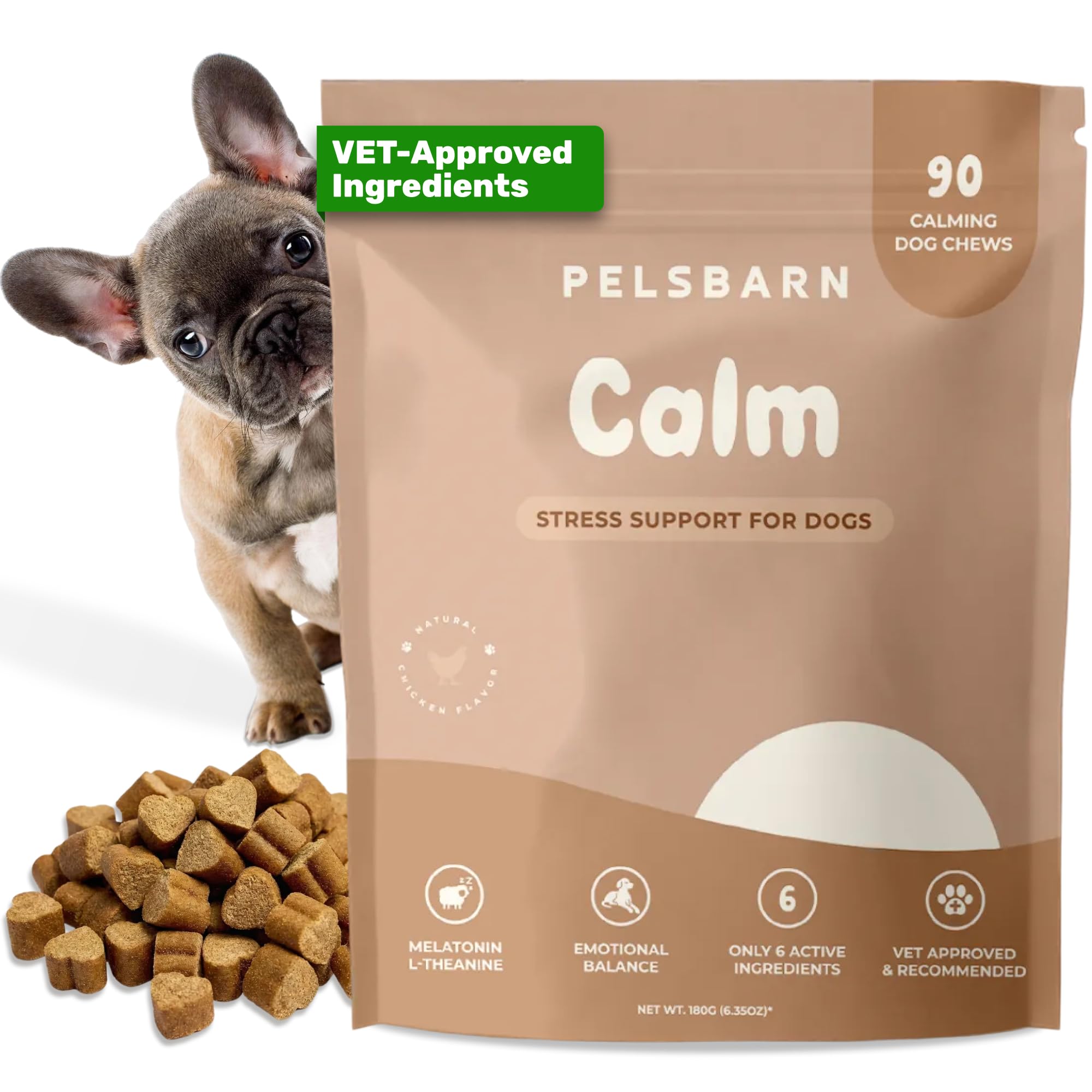Pelsbarn Calming Chews bottle closeup highlighting natural calm ingredients for dogs