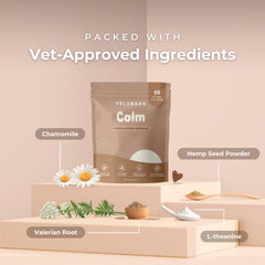 Pelsbarn Calming Chews bottle front view showing grain-free formula for daily calm