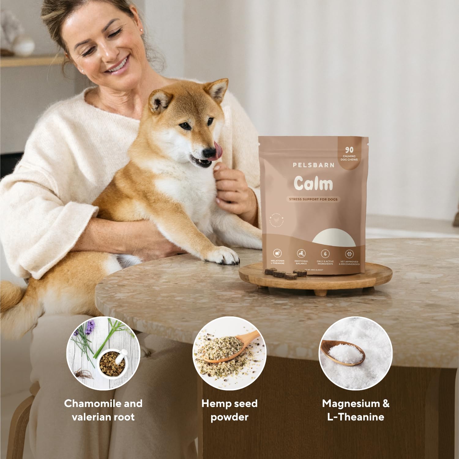 Pelsbarn Calming Chews treats in hand suggesting easy daily supplementation