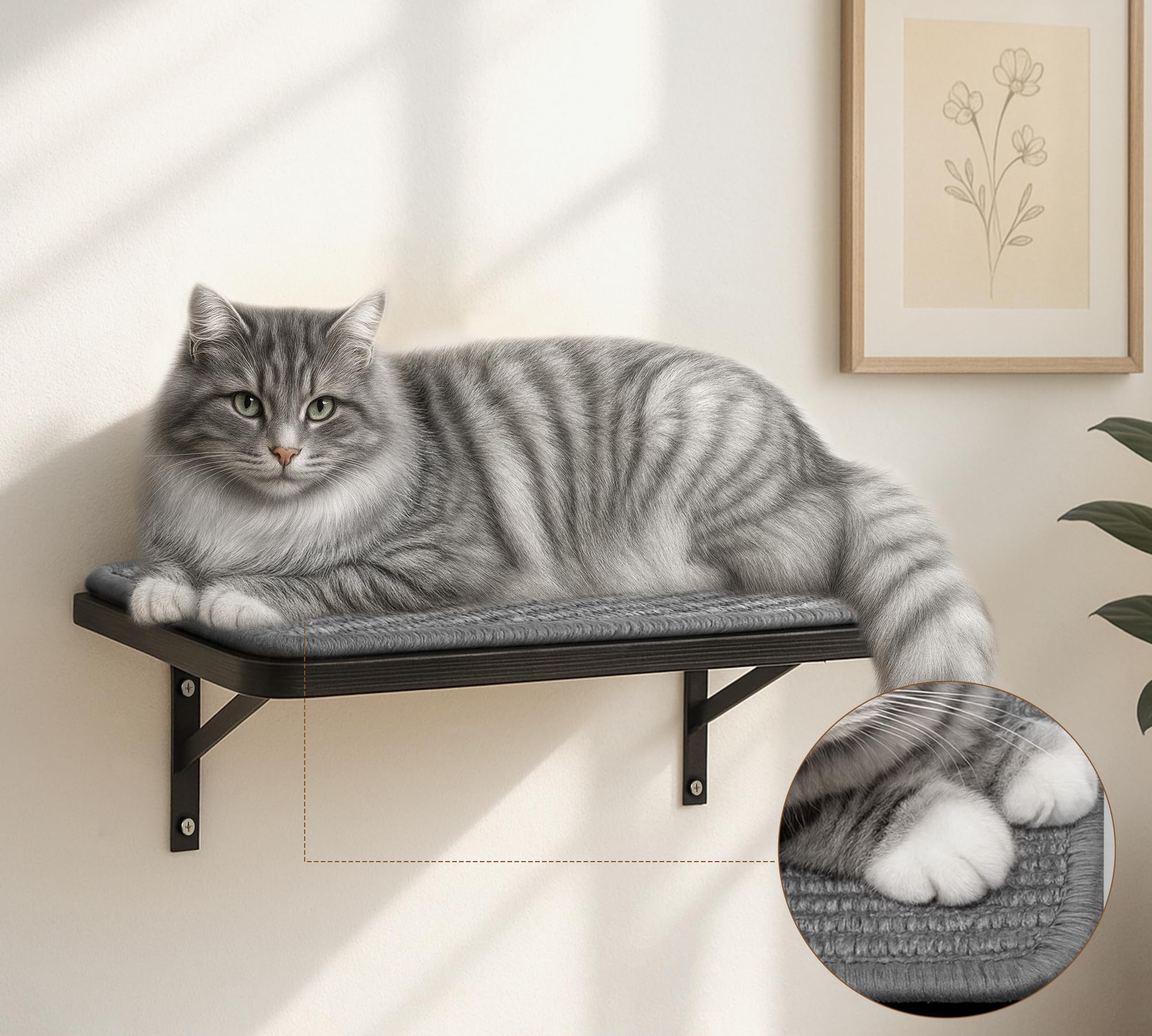 PEL UMOZ Cat Wall Shelves grey sisal cushion close-up highlighting scratch-friendly surface.