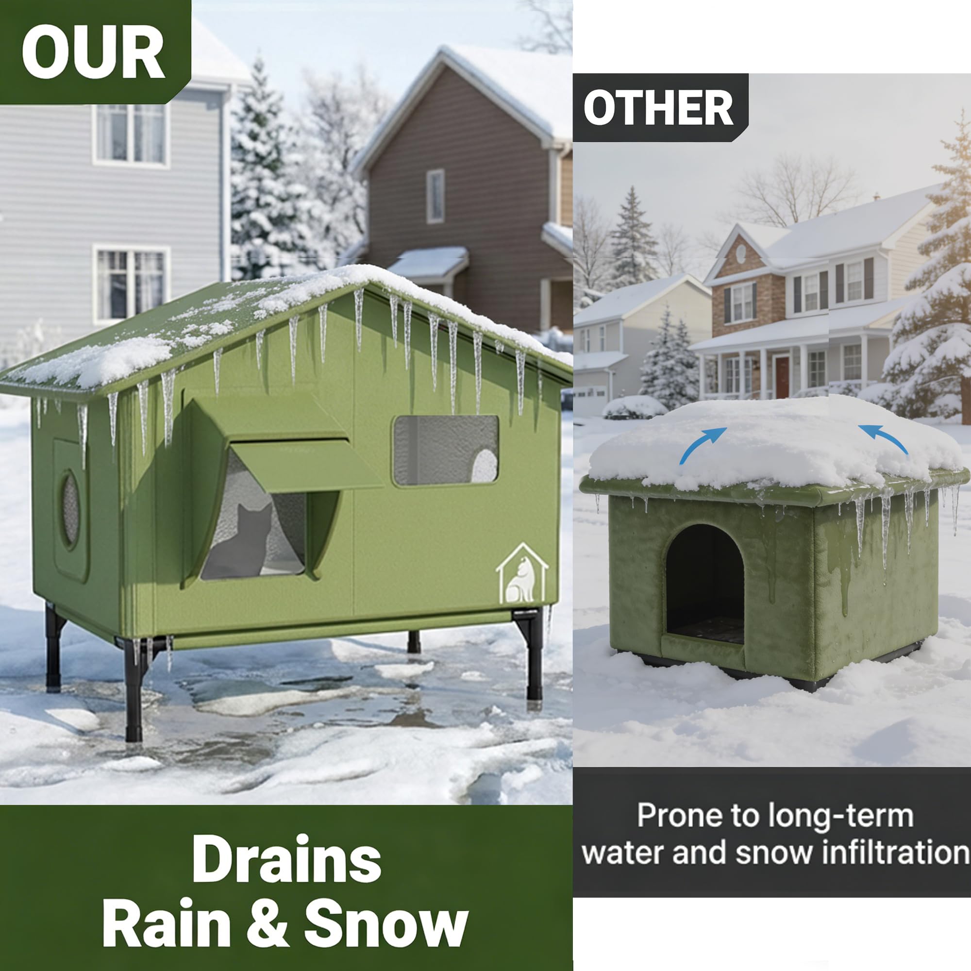 PELUMOZ extra-large heated outdoor cat house side view highlighting foldable roof