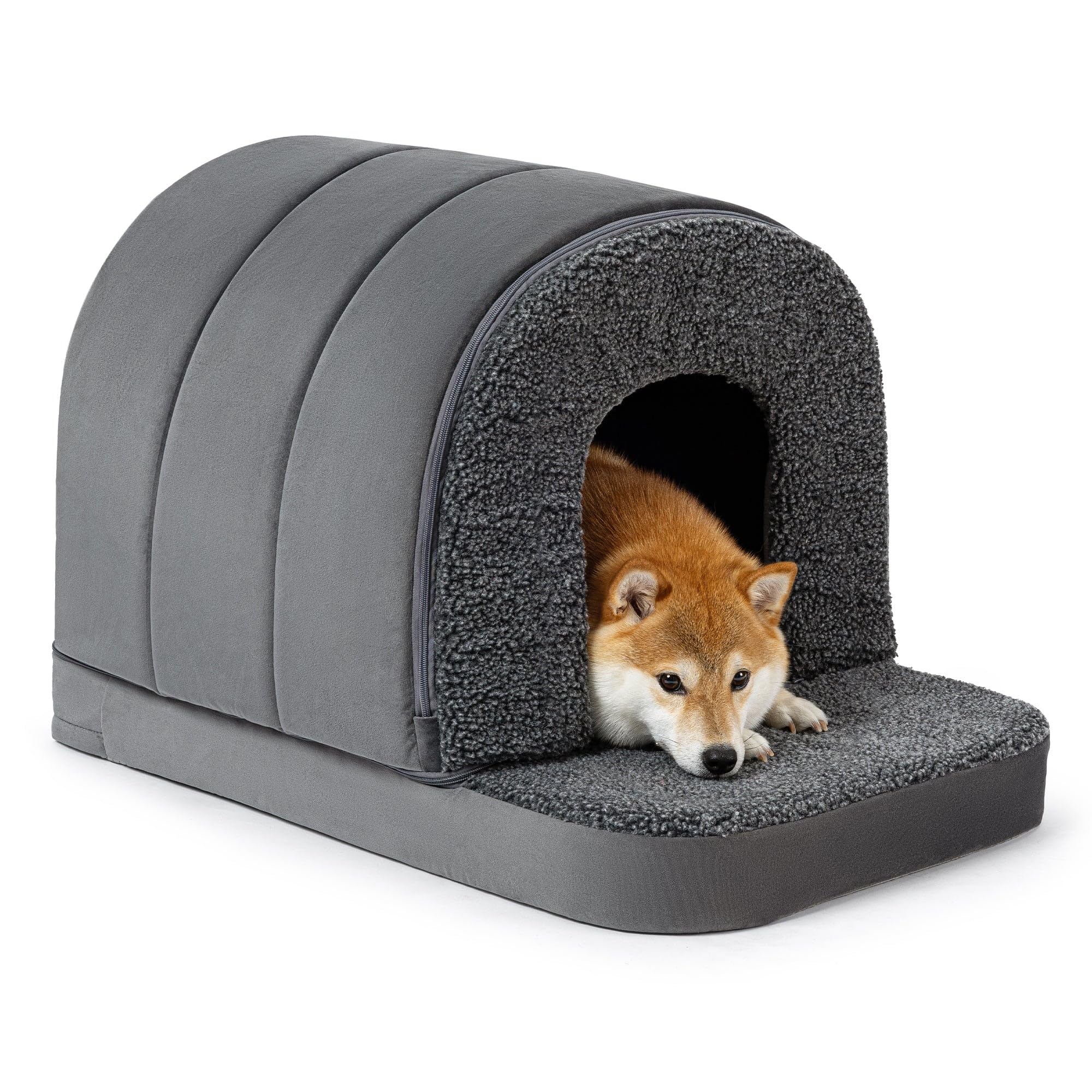 PELZIN Indoor Dog House front view shows a cozy den for calm naps.