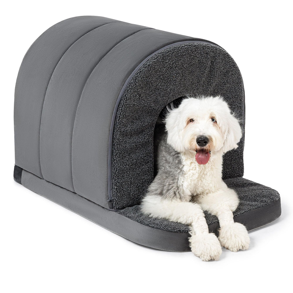 Pelzin indoor dog house with orthopedic egg-crate foam for joint support.