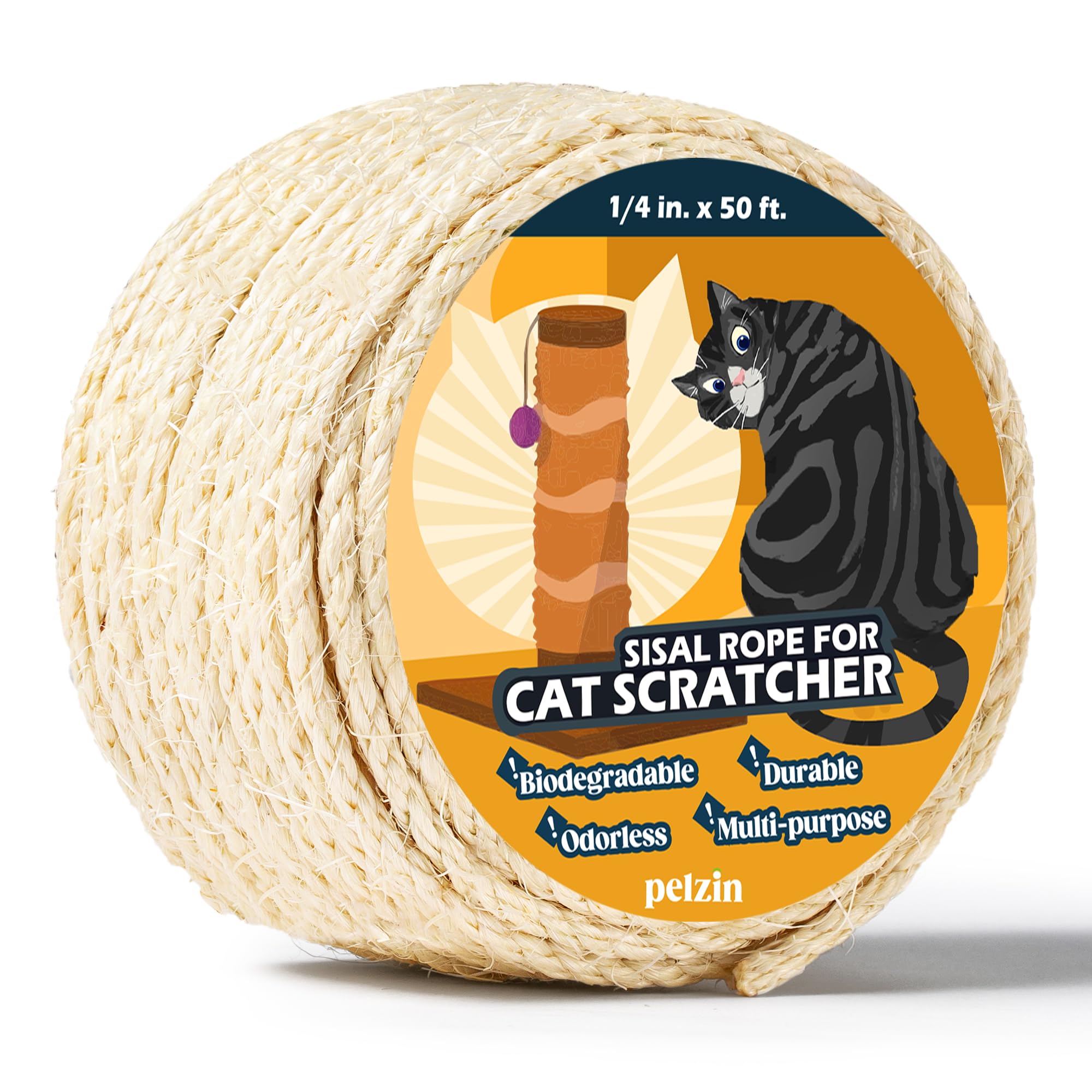 Pelzin sisal rope closeup shows natural fibers for durable cat scratching and DIY projects.