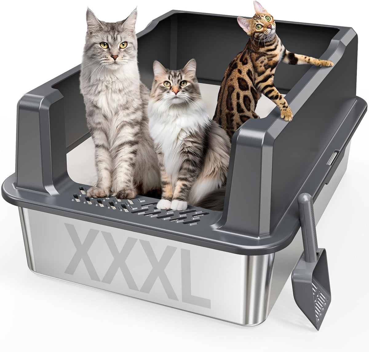 Pematar extra-large XXL stainless steel litter box with lid for big cats and multi-cat homes.