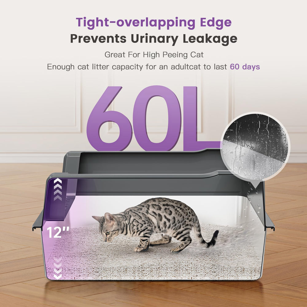 Pematar litter box high-side design demonstrating containment and leakage prevention.