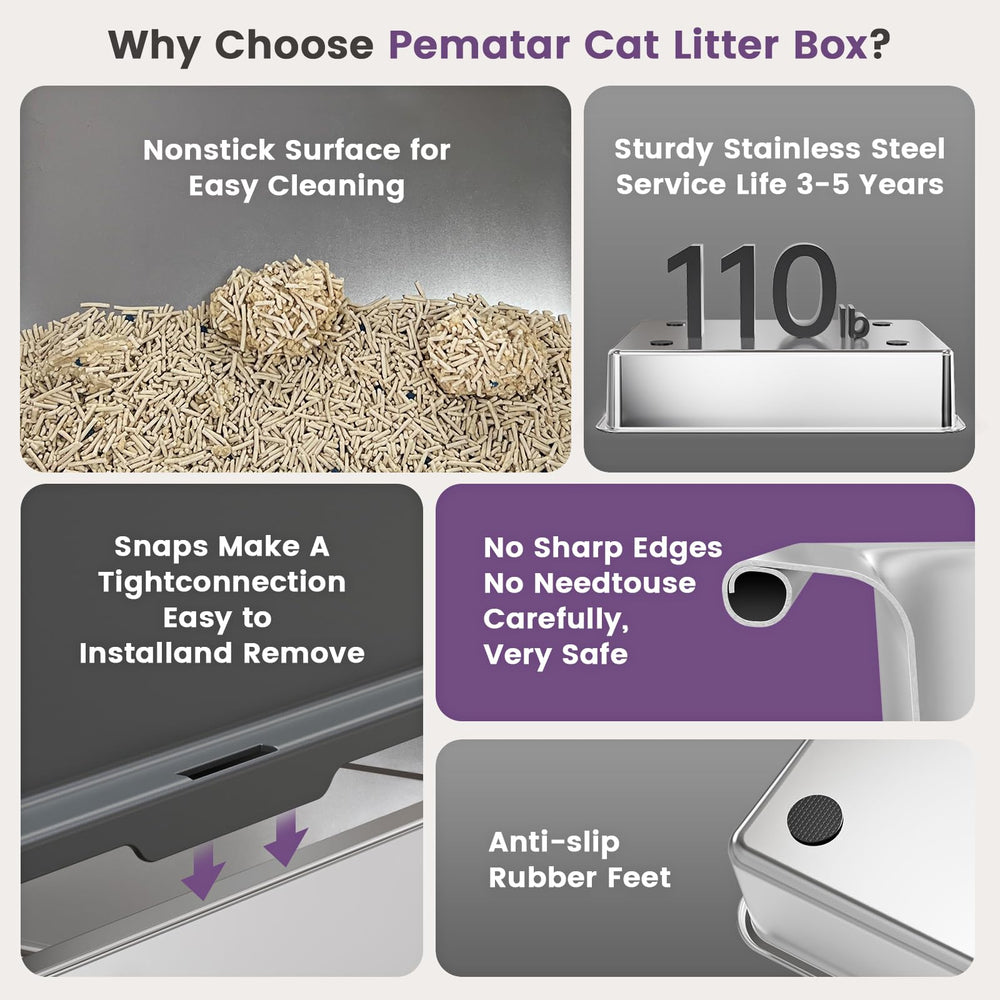 Pematar stainless steel litter box durability implying multi-year use.