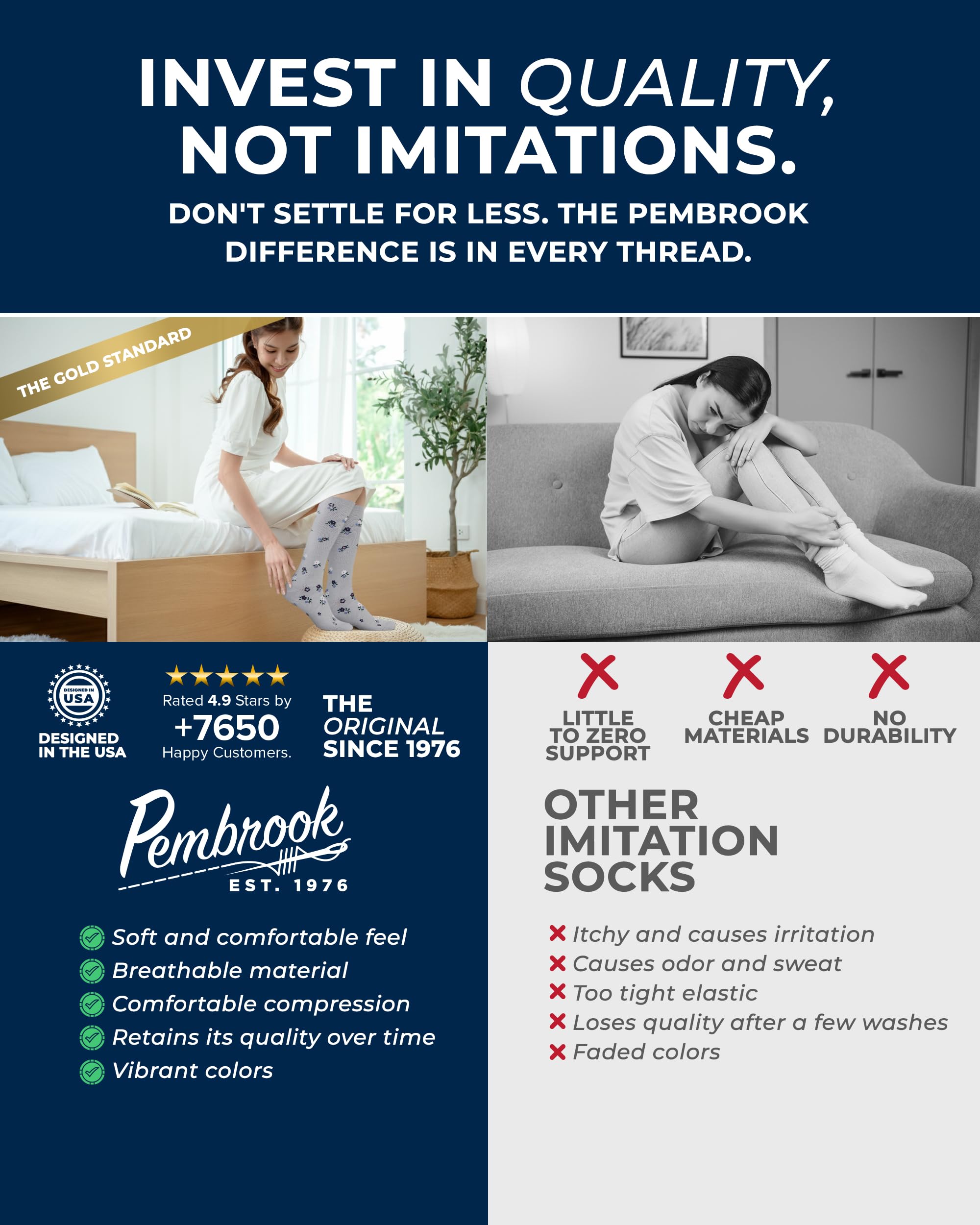 Pembrook Light Compression Socks for Women cotton fabric close-up shows breathable comfort.