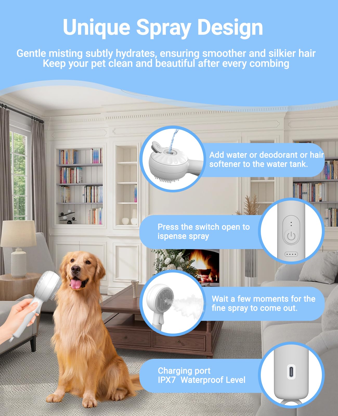Pengxinhui Cat Steam Brush in-use with a dog shows calm grooming session.