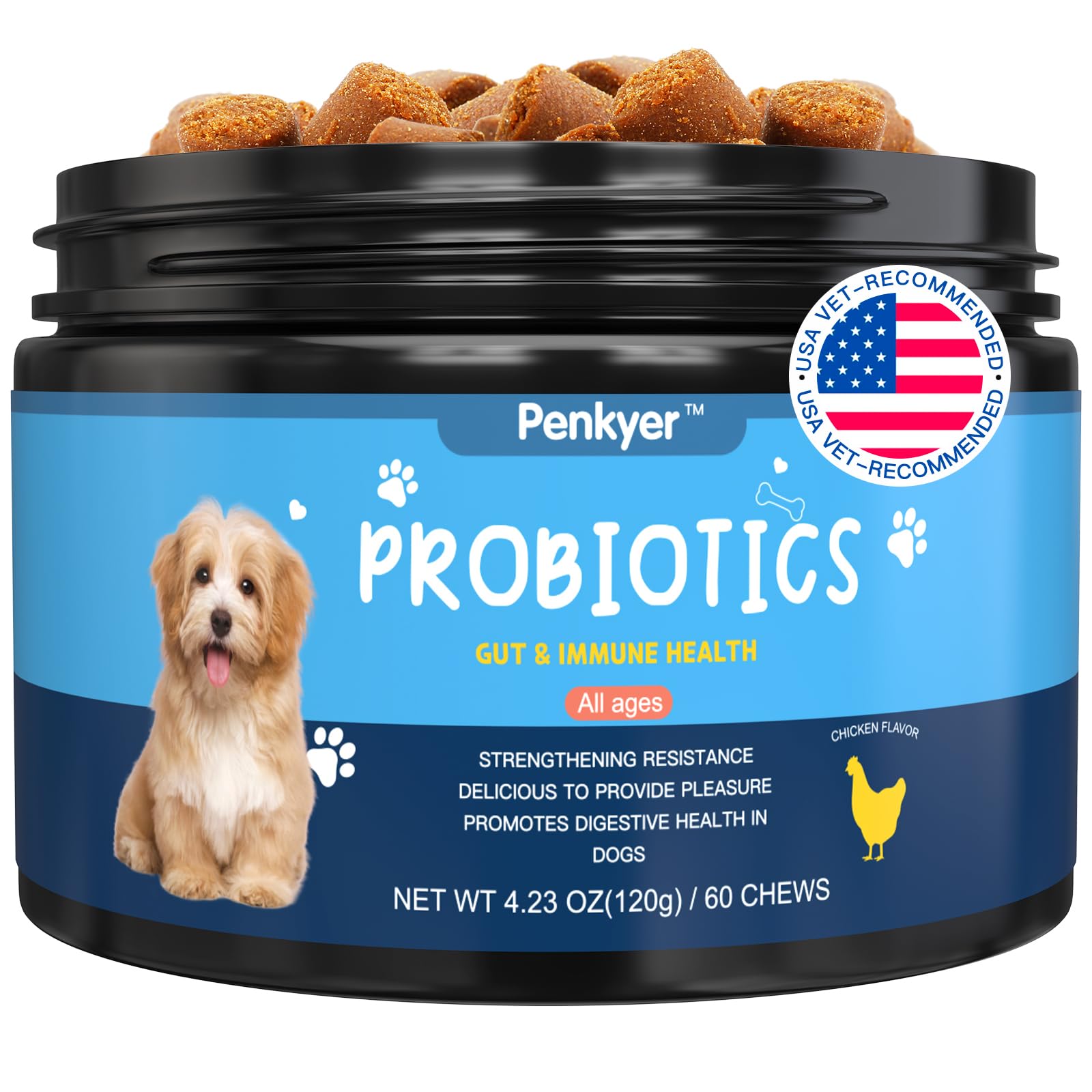 Penkyer probiotics for dogs 6B bottle front view supports gut balance.