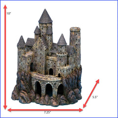 Penn-Plax Age-of-Magic Wizard's Castle rests on a rocky hill, grounded securely to stabilize your tank scene.
