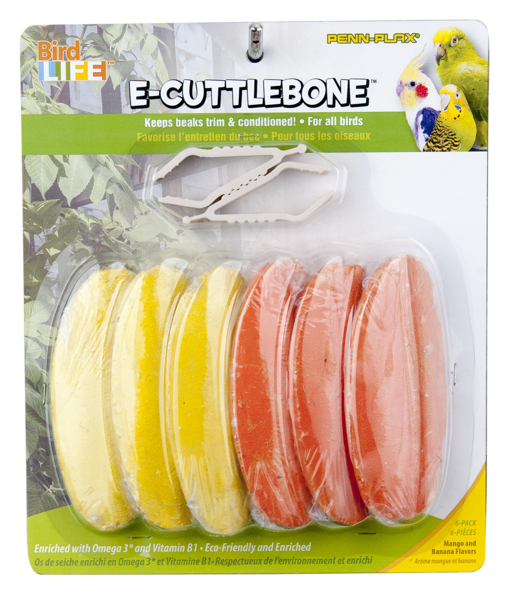 Penn-Plax Bird-Life flavored E Cuttlebone mango banana with clips supports healthy bones and plumage.