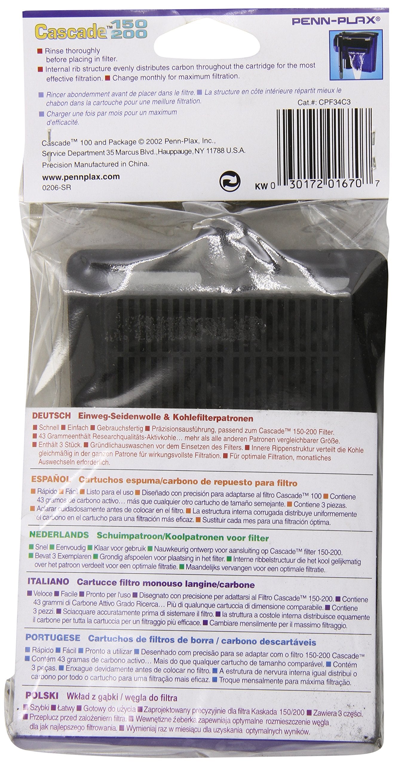 Penn-Plax Cascade activated carbon detail highlights odor and discoloration filtration.