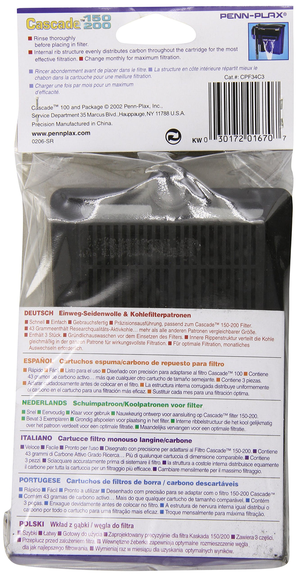 Penn-Plax Cascade activated carbon detail highlights odor and discoloration filtration.