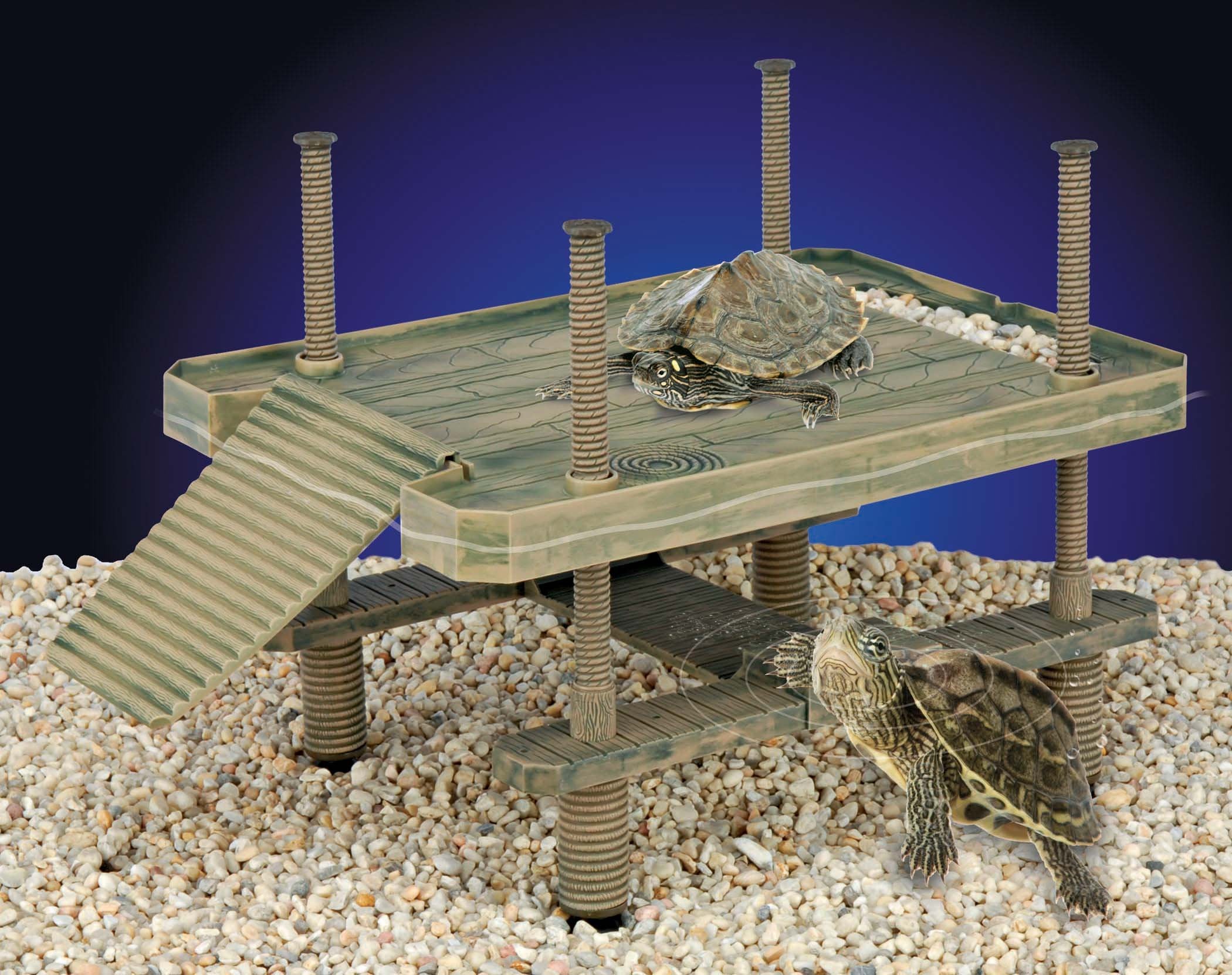 Penn-Plax Reptology Floating Turtle Pier basking-platform close-up highlights secure suction supports for stable setup.