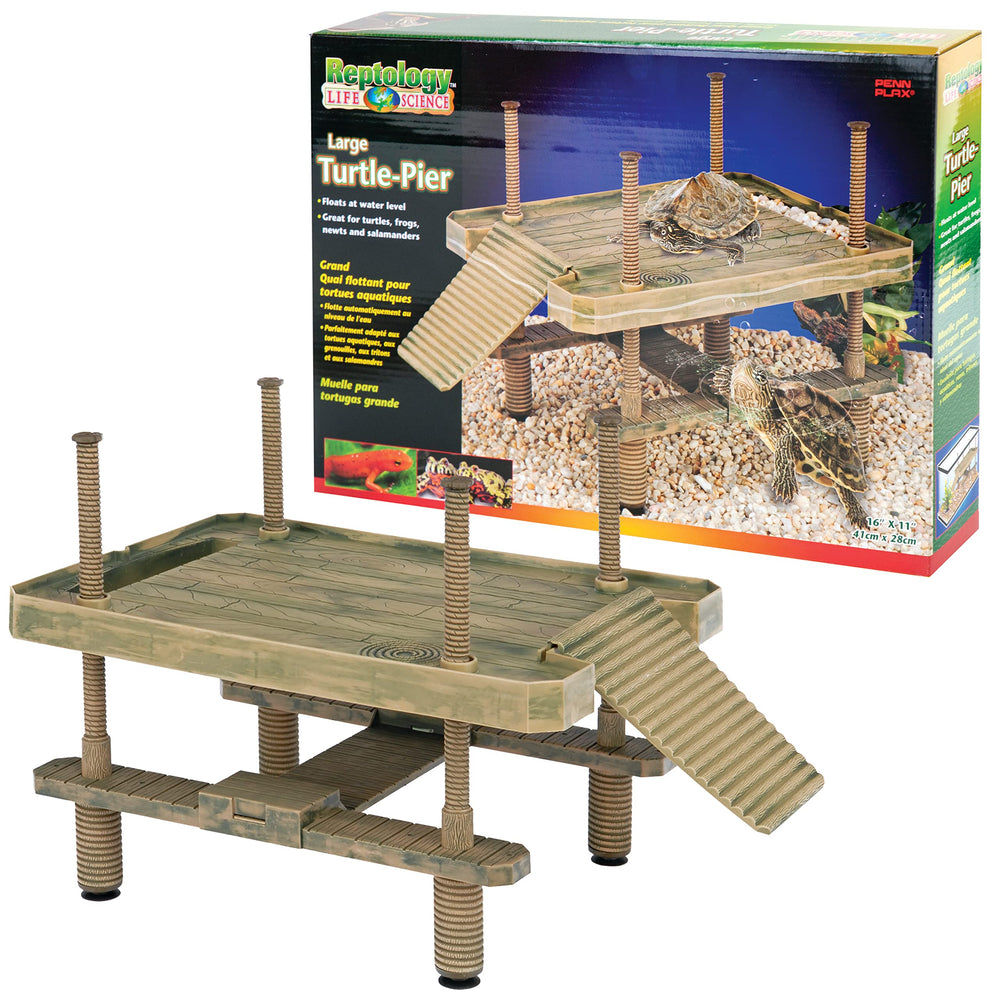 Penn-Plax Reptology Floating Turtle Pier overview shows elevated basking above water for warmth.
