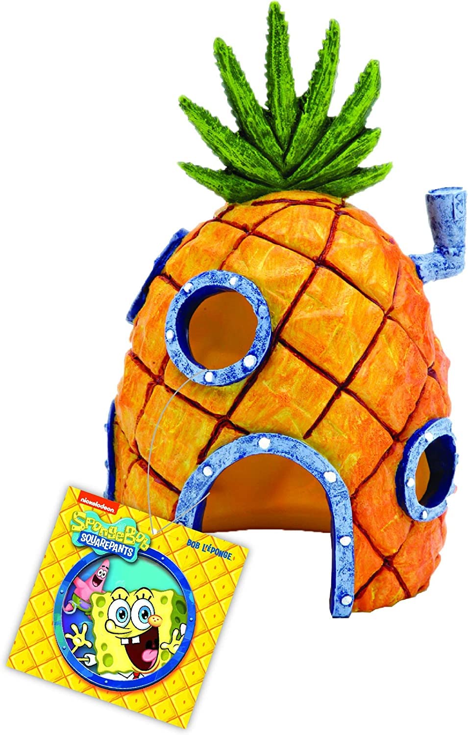 Penn-Plax SpongeBob Pineapple House front view adds whimsical décor and cozy shelter in tanks.