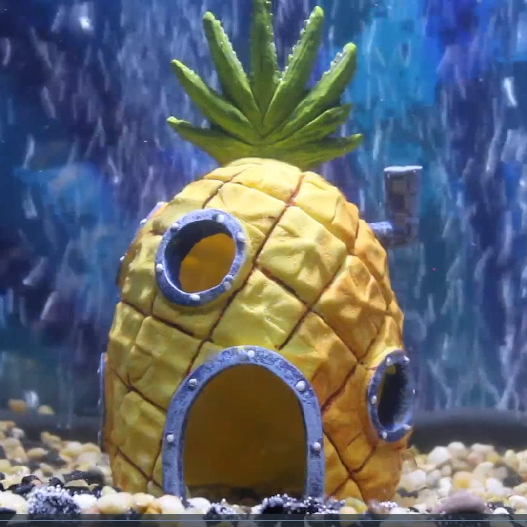 Penn-Plax SpongeBob Pineapple House side view showcases vibrant character in your aquarium.