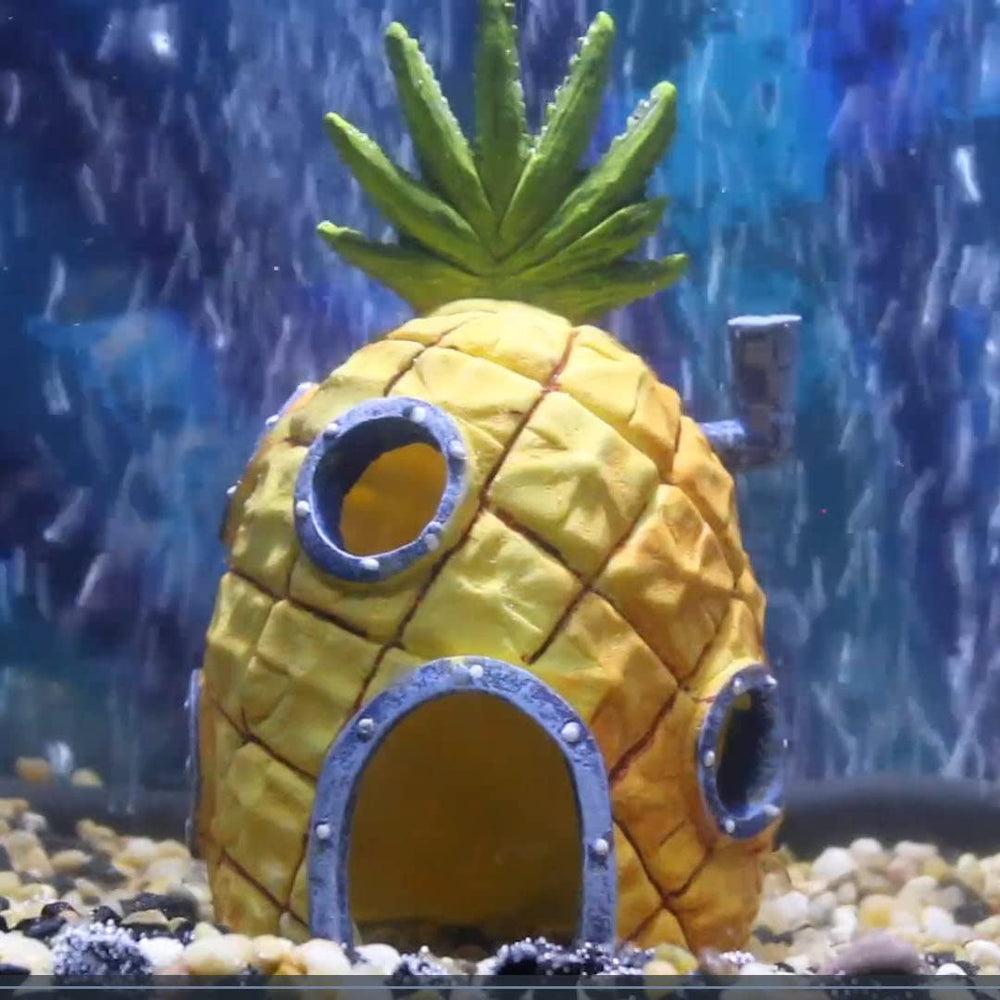 Penn-Plax SpongeBob Pineapple House side view showcases vibrant character in your aquarium.