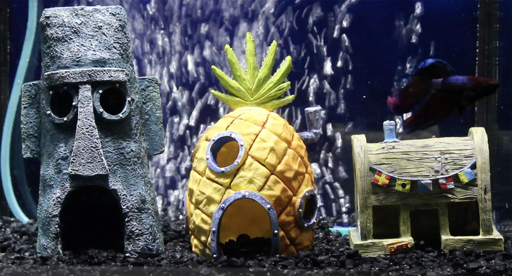Penn-Plax Squidward Easter Island Home provides shelter and play area in tanks.