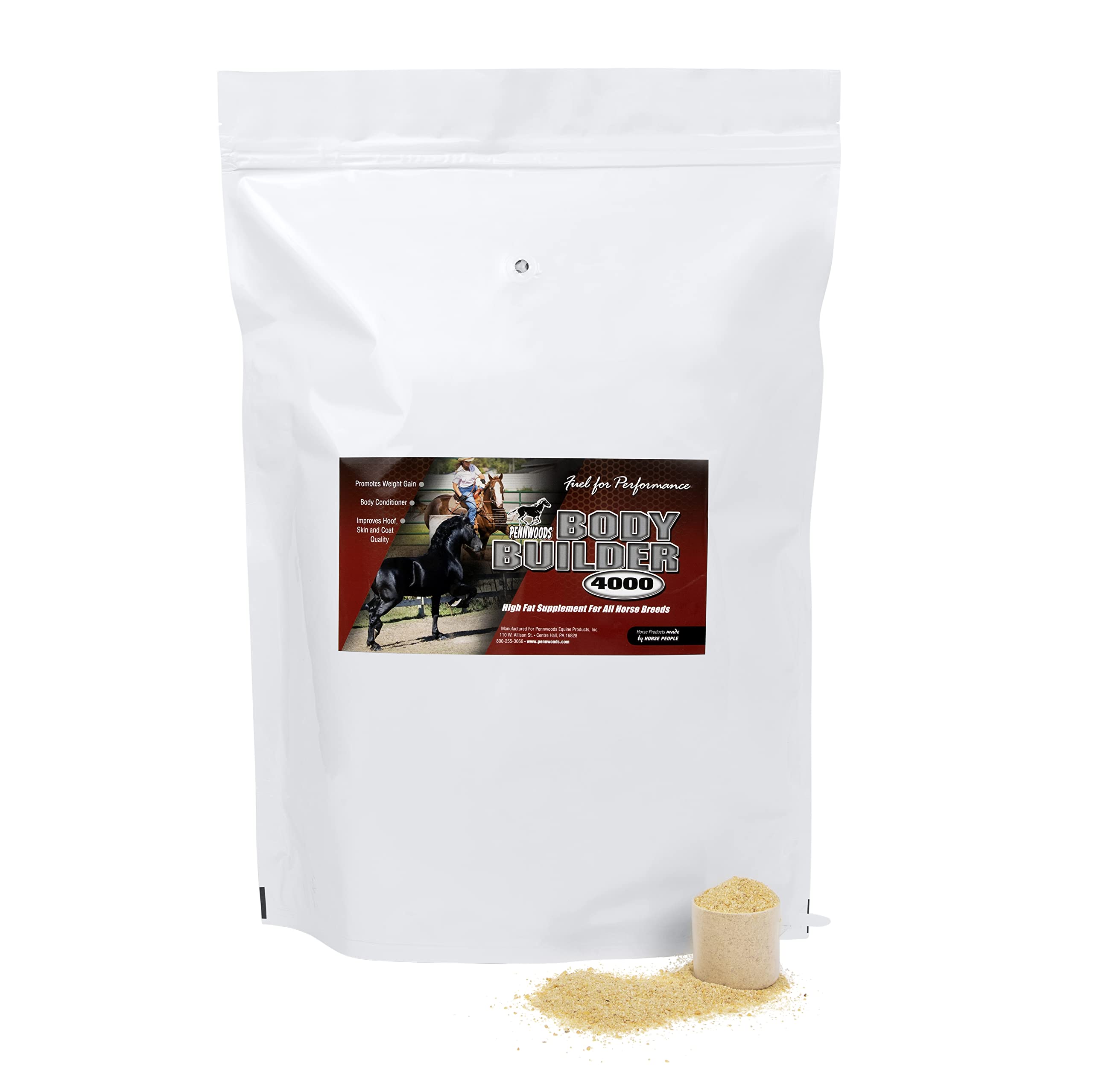 Pennwoods Body Builder 4000 bag shows 25 lb packaging for sustained horse nutrition.