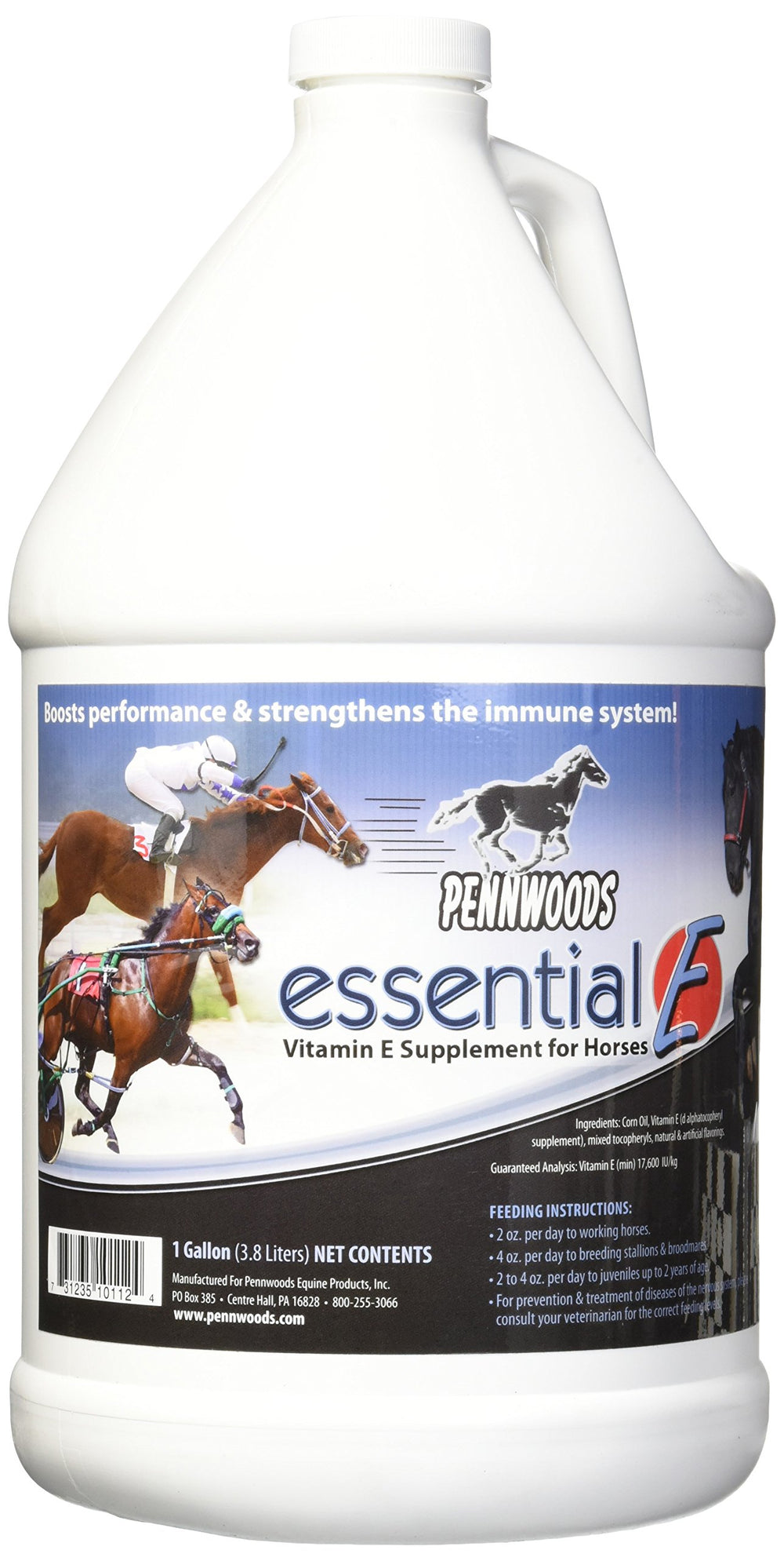 Pennwoods Essential E bottle shown near a hay bucket for daily feeding.
