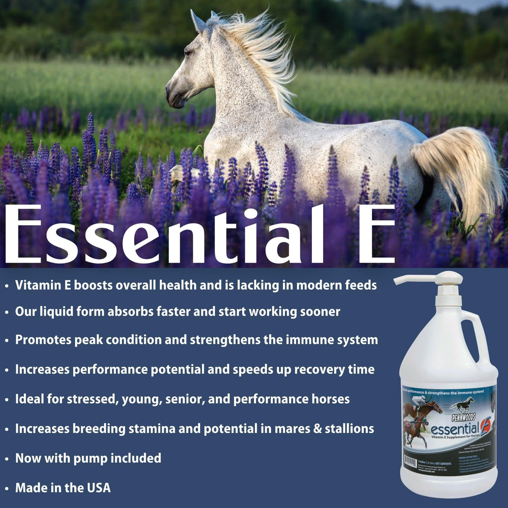 Pennwoods Essential E is a liquid vitamin E supplement for horses.
