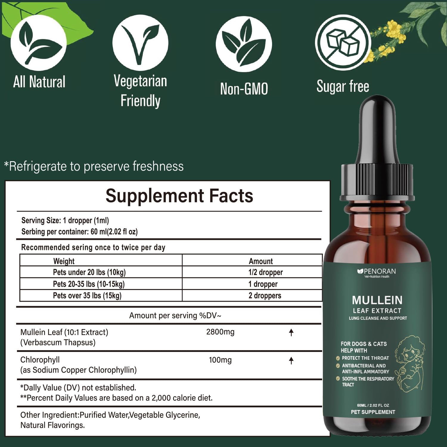 Penoran Brand Packaging Mullein Drops highlighting natural ingredients