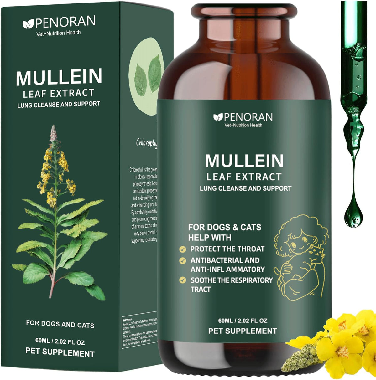 Penoran Pet Mullein Leaf Drops bottle for easy respiratory support