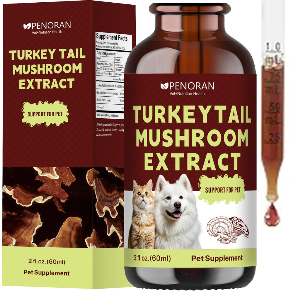 Penoran Turkey Tail Liquid Drops bottle on counter suggesting pet immune support.