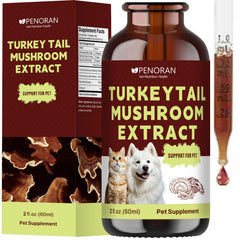 Penoran Turkey Tail Liquid Drops bottle on counter suggesting pet immune support.
