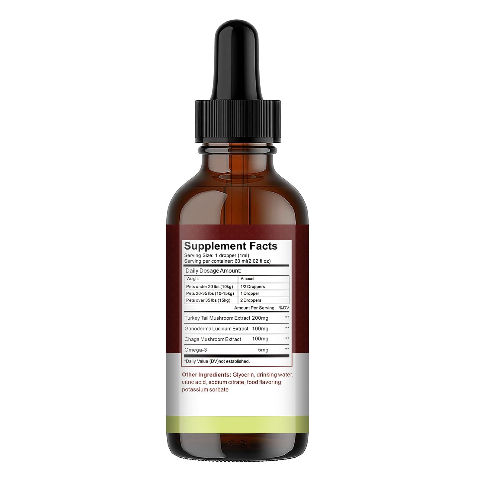 Penoran Turkey Tail Drops bottle shown with a healthy, active pet nearby.