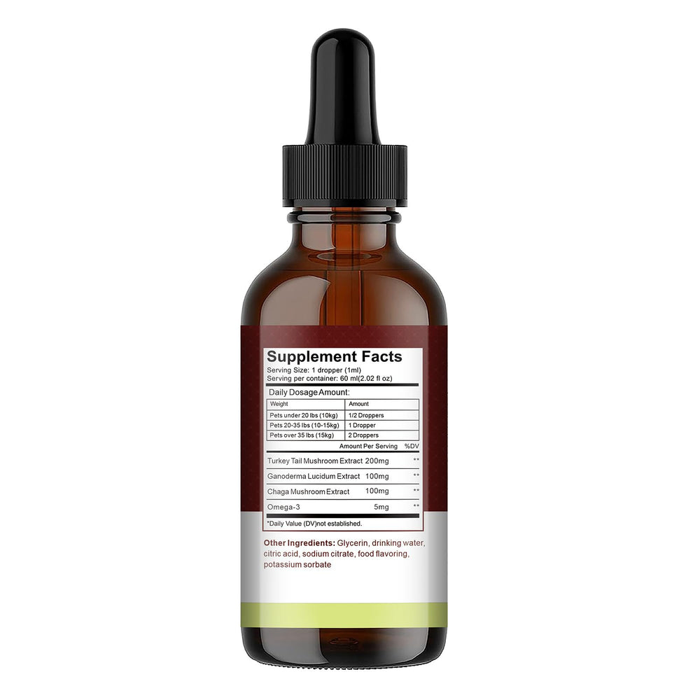 Penoran Turkey Tail Drops bottle shown with a healthy, active pet nearby.